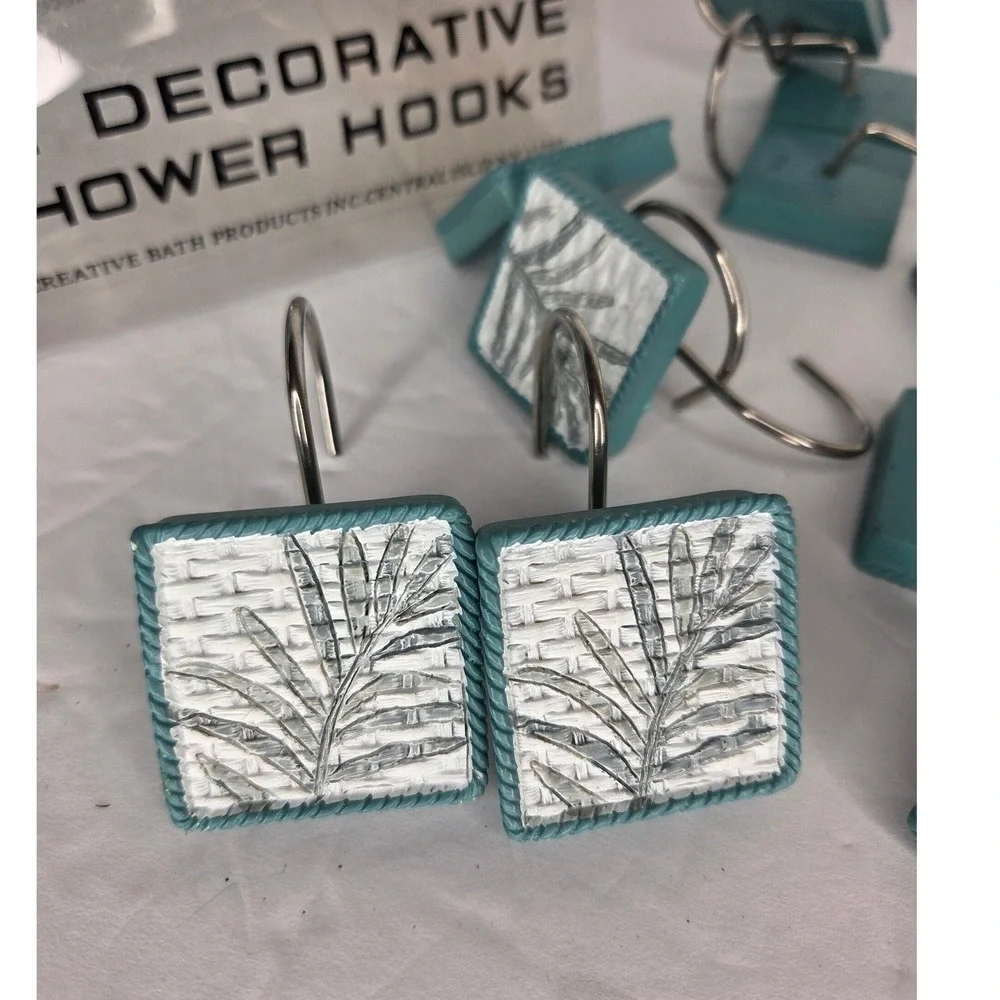 Tropical Palm Leaf Monstera Shower Curtain Hooks Set of 12 Teal and White Bath